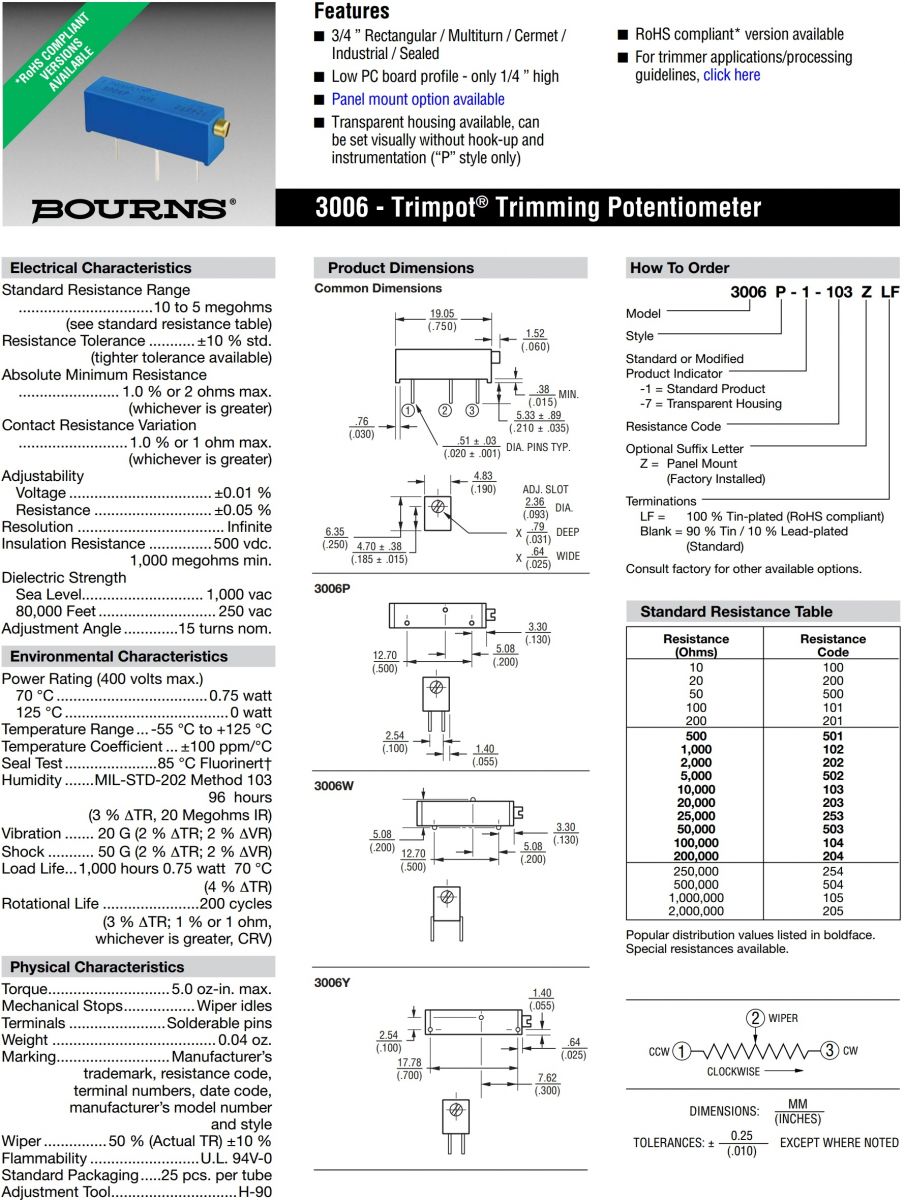 פוטנציומטרים טרימרים BOURNS סדרה 3006